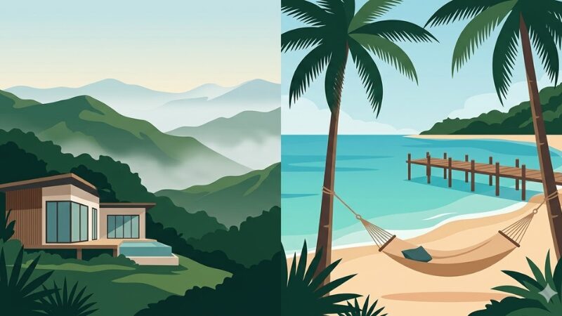 タイのソンクラン避暑地カオヤイと秘境クッド島の静かな風景を描いたフラットイラスト。山あいのリゾートとエメラルドグリーンの海、ハンモックのあるビーチ