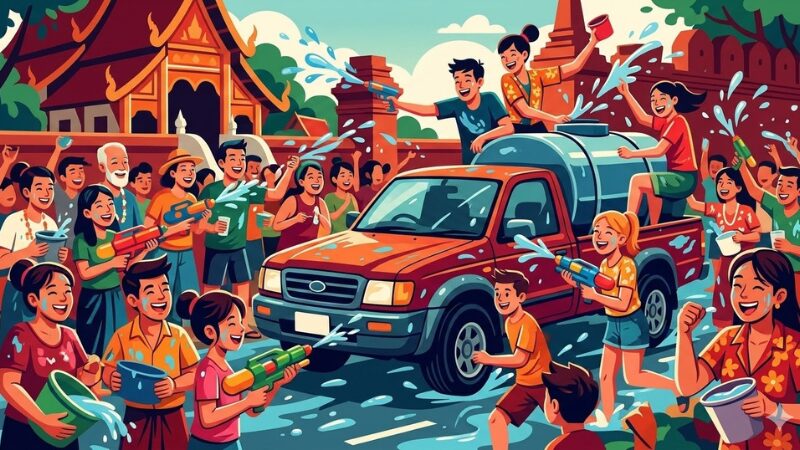 タイの旧正月ソンクランで盛り上がるチェンマイの水かけ祭りとアユタヤの象による水かけ風景を描いたポップなイラスト。ピックアップトラックから水をかけ合う人々。