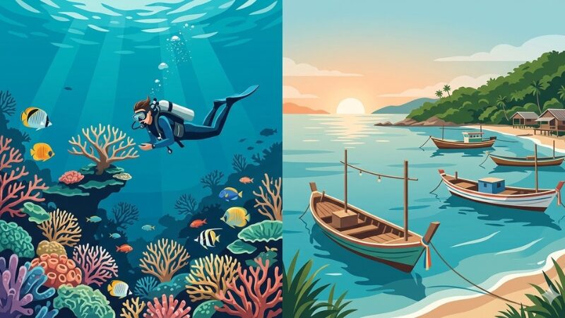 タイ湾のタオ島でのダイビングとチュムポーンの静かなローカルビーチの風景を描いたレトロなイラスト。サンゴ礁と熱帯魚、夕暮れの海に浮かぶ伝統的な漁船。