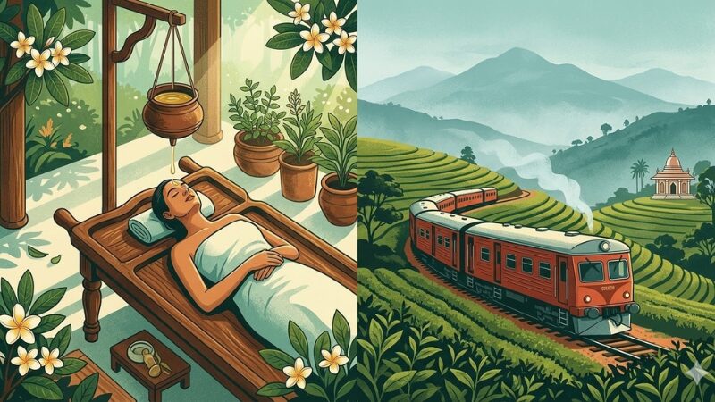 スリランカのヌワラエリヤを走る赤いレトロな高原列車と、緑豊かな紅茶畑。アーユルヴェーダのシロダーラ施術でリラックスする女性を描いた。