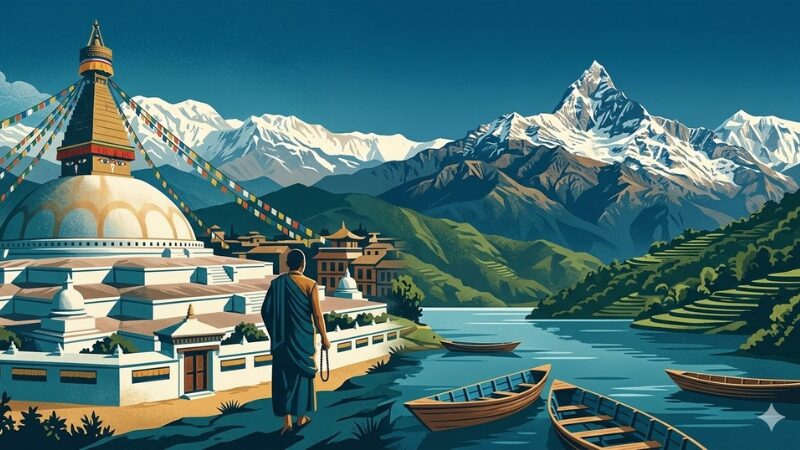 ヒマラヤ山脈の雪山を背に、ポカラのフェワ湖畔で瞑想する僧侶。色鮮やかなタルチョ（祈祷旗）とチベット仏教寺院を描いた清涼感あふれるイラスト。